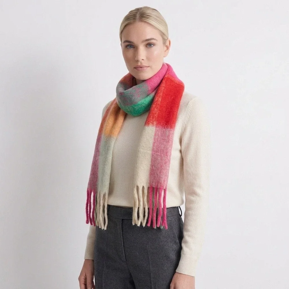 Save the Ocean Recycled Plaid Blanket Scarf Multi Color Fringe Oversized NWT